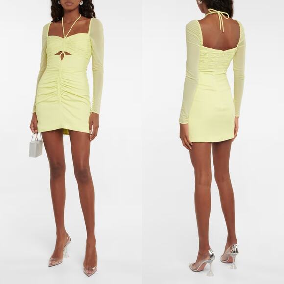 Self-Portrait Lime Cutout Ruched Mini Dress Long Sleeve Mesh Size 4 Preowned - Picture 3 of 15